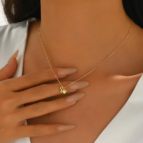 Heart Lock & Key Necklace 925 Sterling Silver Gold Plated Choker NWT - Picture 5 of 6